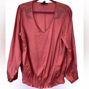 Attention beaded balloon long sleeve  Rayon V neck blouse Sz L